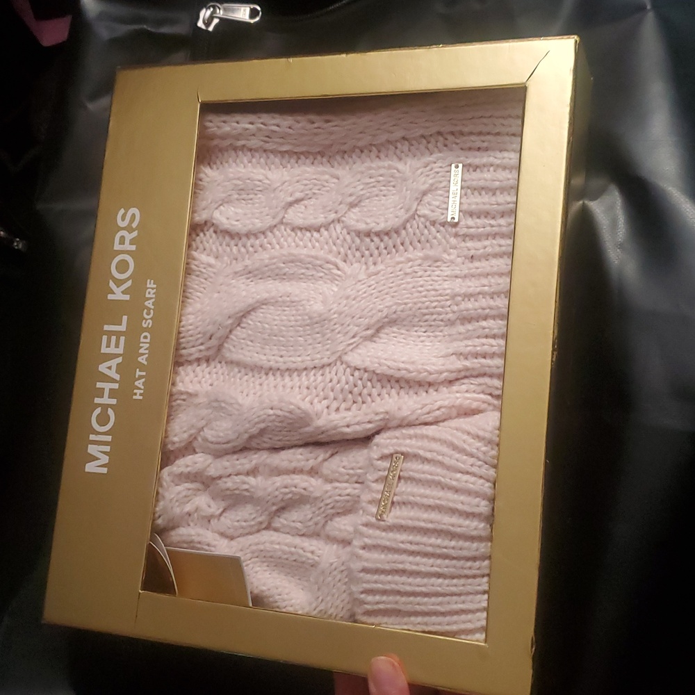 Michael Kors Blush Cable Knit Hat and Scarf Set